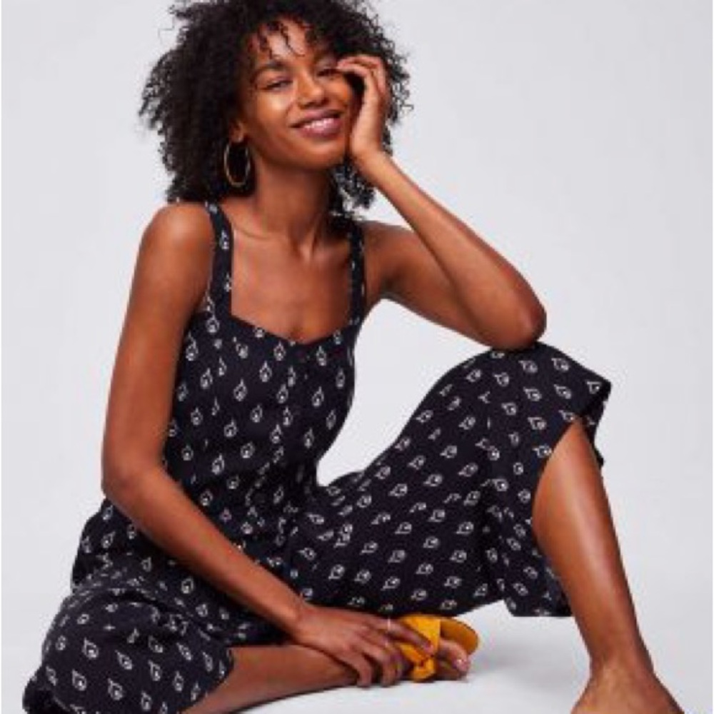 LOFT Black Patterned Women's Jumpsuit with Smocked Back